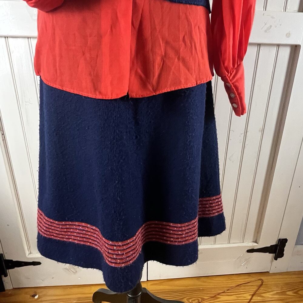 Vintage 70s Rosanna 3pc Knit Skirt Vest Set Red Dagger Collar Bishop Sleeve Sz S - Picture 14 of 16